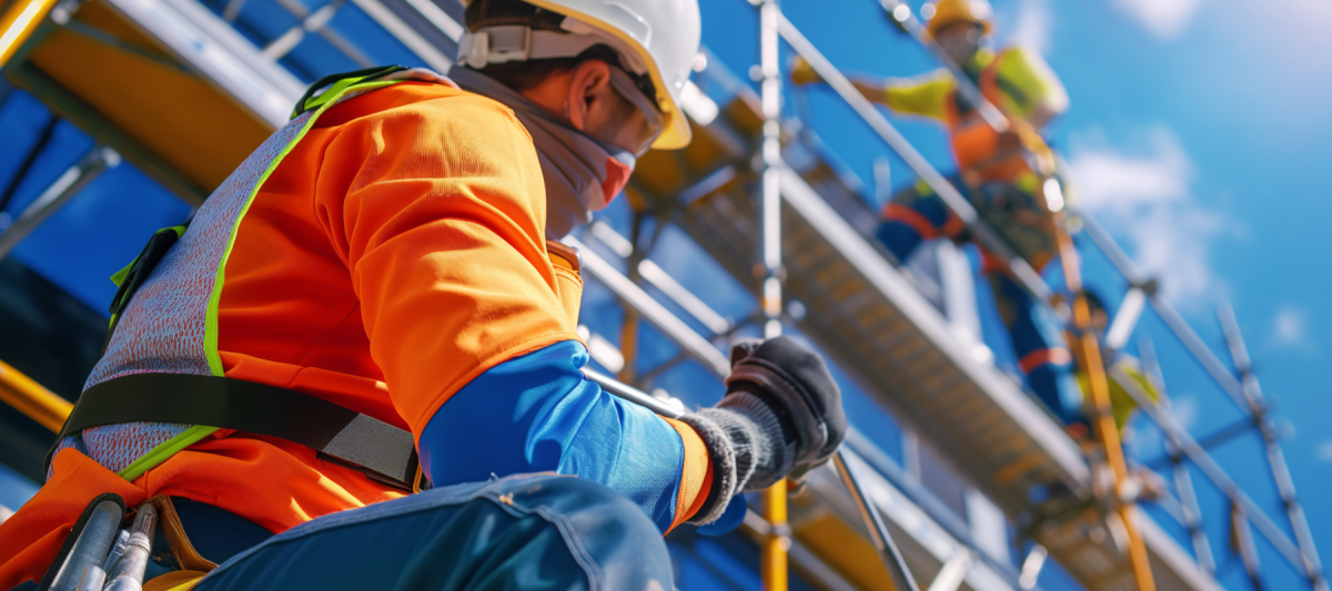 Close up of a construction worker wearing safety equipment on scaffolding
