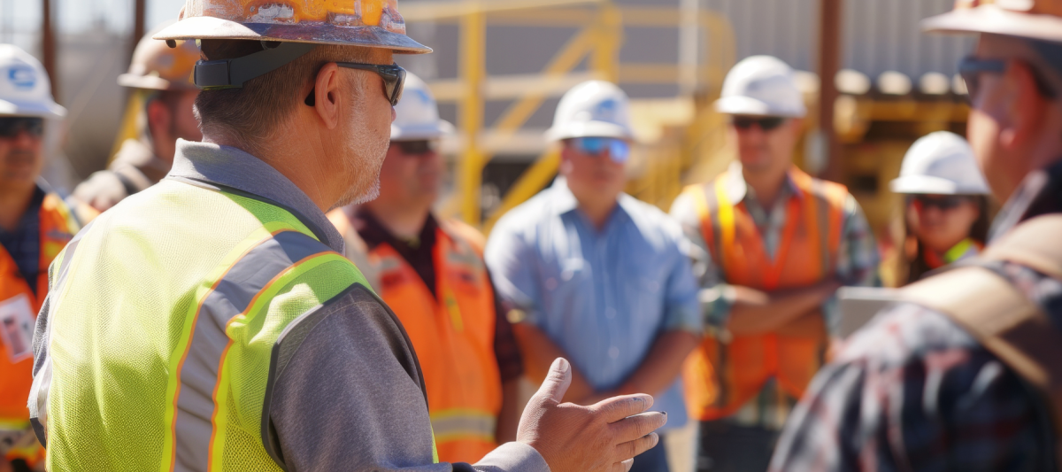 Construction team having a meeting on a job site or construction site after a safety training
