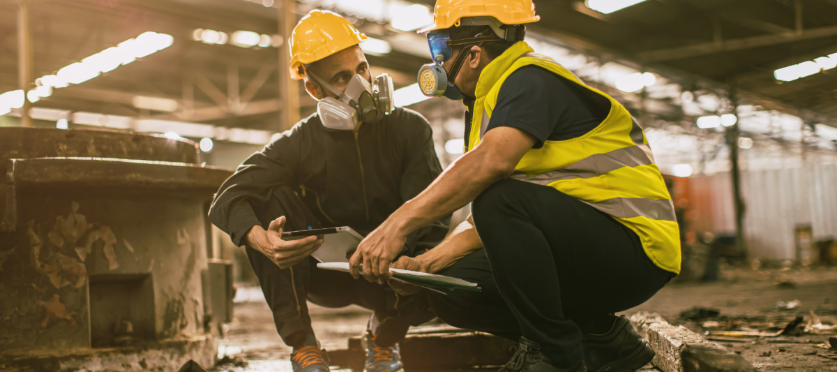 wokers with masks working in unsafe environment, occupational health hazard concept