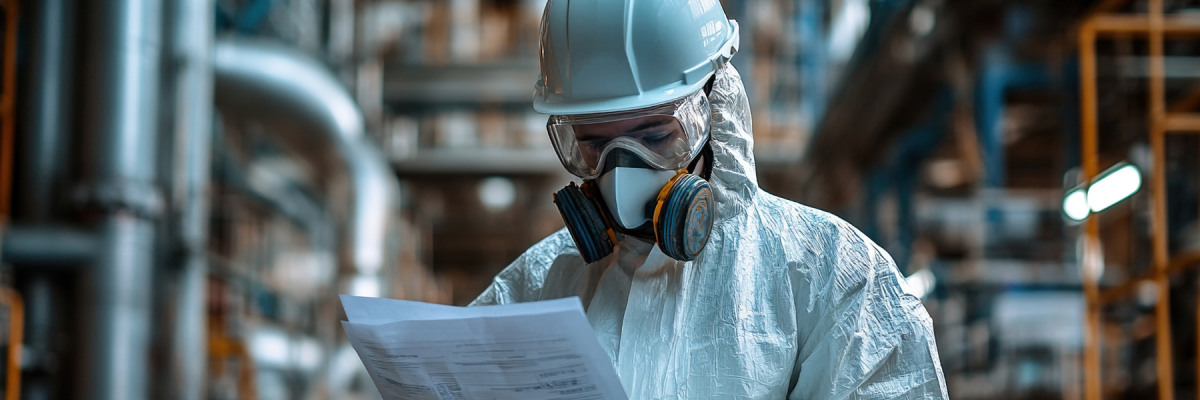 Industrial scientist in protective suit, mask and glasses at manufacturing plant. Specialist analyzes potential industrial hazards and pollution at workplace.