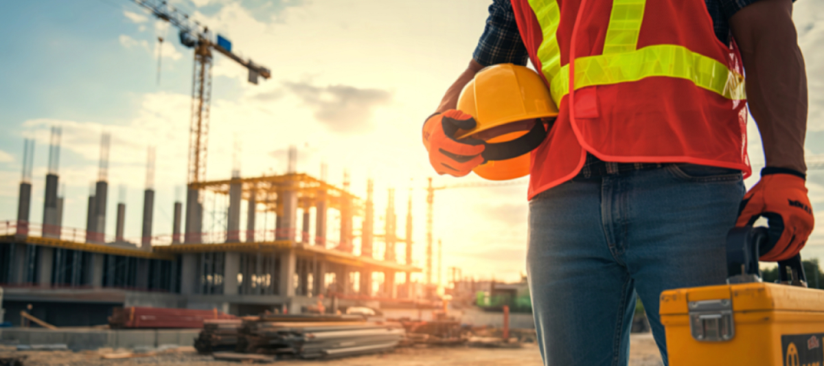 Construction site, construction worker holding hard hat in front of building and crane