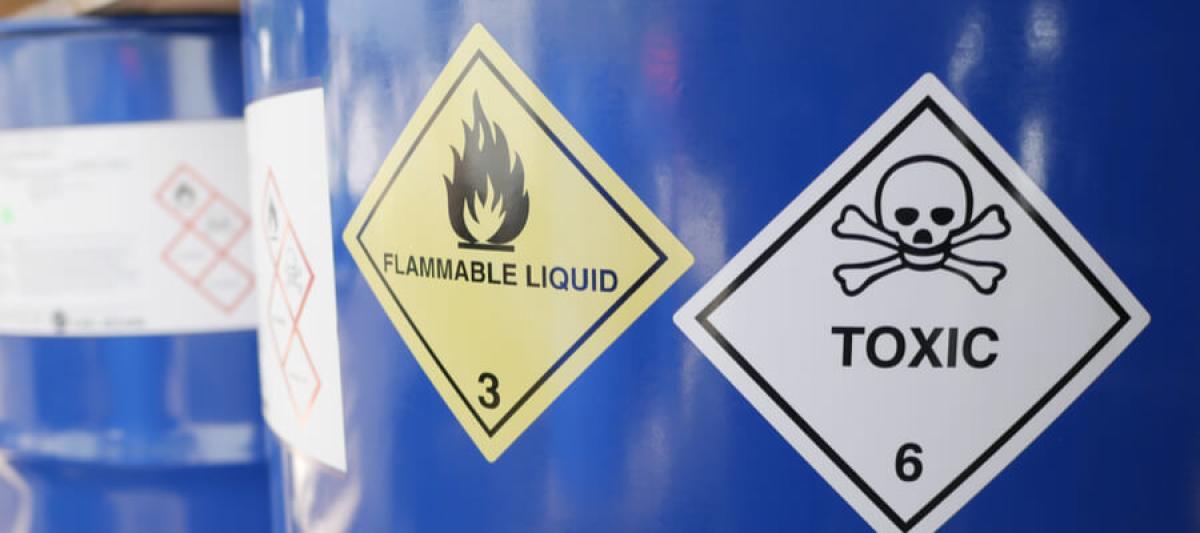 Toxic and flammable label on barrels, chemicals, container label