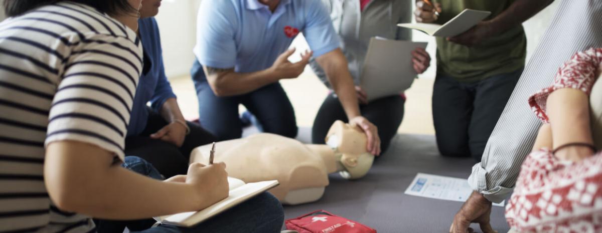 group of individuals doing a cpr training with instructor
