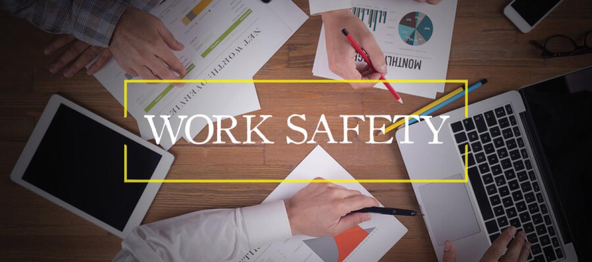 business team working in office table, work safety overlay